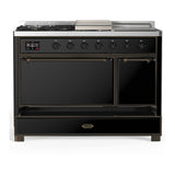 ILVE UM48FSQNR3BKB Majestic III 48 inch Dual Fuel Range with 5 Black Brass Burners, Griddle and French Top, Dual Function Burner up to 25,000 BTU (Natural Gas, Solid Door, Glossy Black, Burnished)