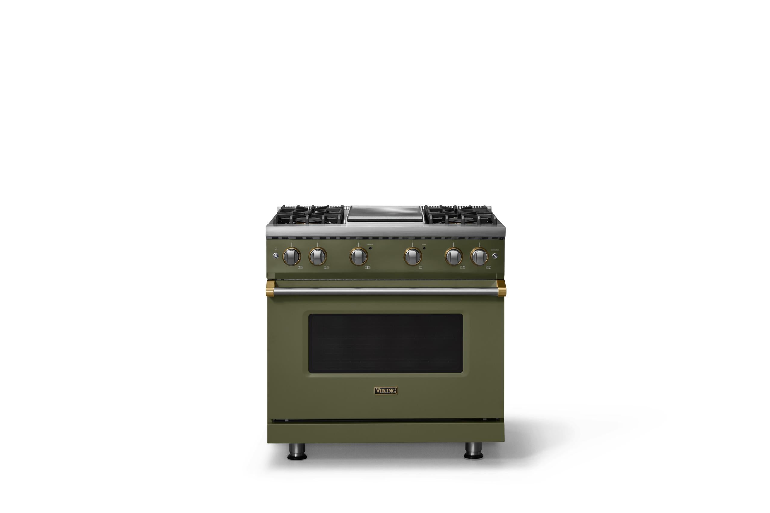 36"W. Sealed Burner Gas Range (Burner: 4g, Finish: Martini, Trim: Brushed Brass, Fuel: Propane)