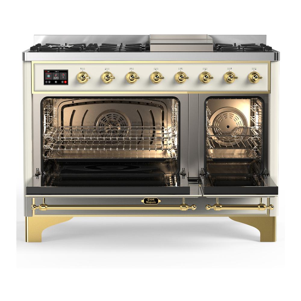 ILVE UM48FNR3AWGLP Majestic III 48 inch Dual Fuel Range with 8 Burners and Griddle, Dual Function Burner up to 25,000 BTU (Liquid Propane, Triple Glass Door, Antique White, Brass)