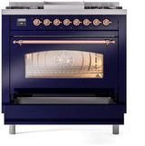 Nostalgie II 36 Inch Dual Fuel Natural Gas Freestanding Range in Blue with Copper Trim
