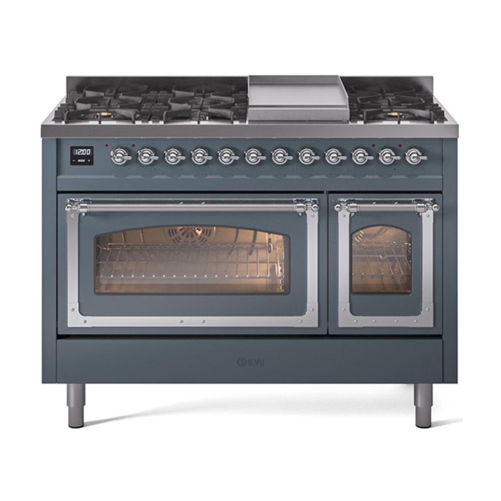 ILVE UN48FNMPBGC Nostalgie II Noblesse 48 inch Dual Fuel Range (8 Sealed Burners + Griddle, Natural Gas, Triple Glass Door, Blue Grey, Chrome)
