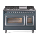 ILVE UN48FNMPBGC Nostalgie II Noblesse 48 inch Dual Fuel Range (8 Sealed Burners + Griddle, Natural Gas, Triple Glass Door, Blue Grey, Chrome)