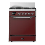 ILVE UM30QNR3BUC Majestic III 30 inch Dual Fuel Range with 5 Black Brass Burners, Dual Function Burner up to 25,000 BTU (Natural Gas, Solid Door, Burgundy, Chrome)