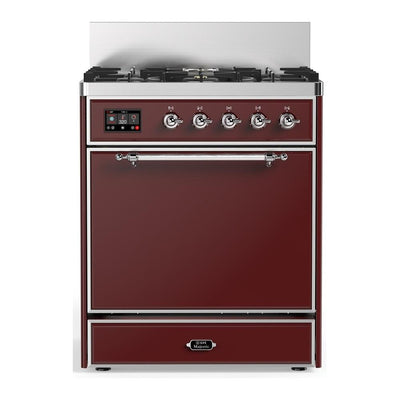 ILVE UM30QNR3BUC Majestic III 30 inch Dual Fuel Range with 5 Black Brass Burners, Dual Function Burner up to 25,000 BTU (Natural Gas, Solid Door, Burgundy, Chrome)