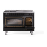 ILVE UN48FSNMPBKB Nostalgie II Noblesse 48 inch Dual Fuel Range (5 Sealed Burners + Griddle + French Top, Natural Gas, Triple Glass Door, Glossy Black, Burnished)