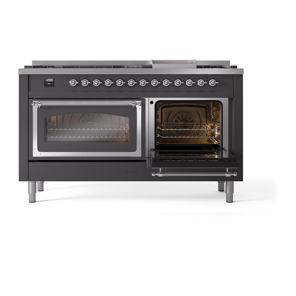 ILVE UN60FNMPMGC Nostalgie II Noblesse 60 inch Dual Fuel Range (9 Sealed Burners + Griddle, Natural Gas, Triple Glass Door, Graphite Matte, Chrome)