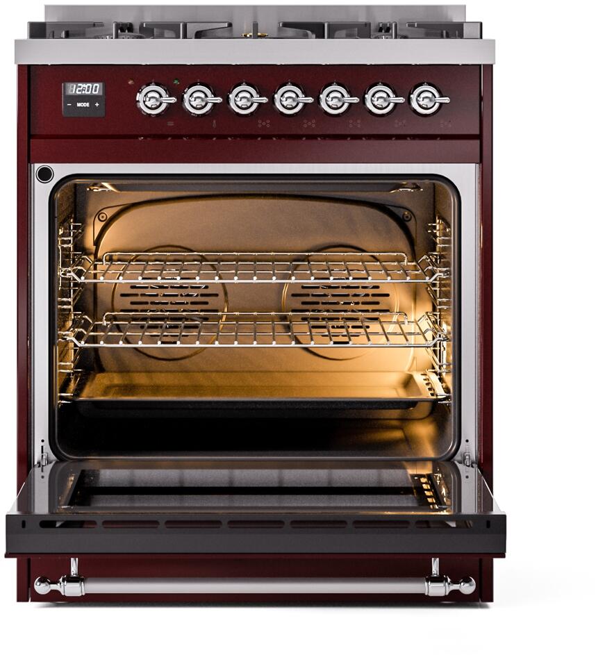 Nostalgie II 30 Inch Dual Fuel Liquid Propane Freestanding Range in Burgundy with Chrome Trim