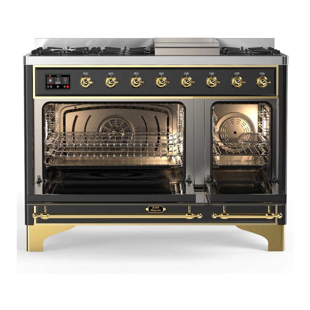 ILVE UM48FQNR3MGG Majestic III 48 inch Dual Fuel Range with 8 Burners and Griddle, Dual Function Burner up to 25,000 BTU (Natural Gas, Solid Door, Graphite Matte, Brass)