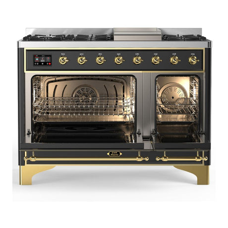 ILVE UM48FQNR3MGG Majestic III 48 inch Dual Fuel Range with 8 Burners and Griddle, Dual Function Burner up to 25,000 BTU (Natural Gas, Solid Door, Graphite Matte, Brass)