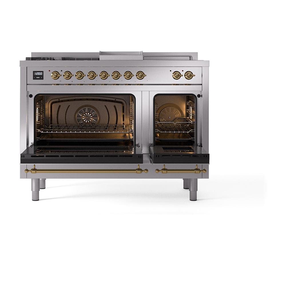 ILVE UN48FSNMPSSG Nostalgie II Noblesse 48 inch Dual Fuel Range (5 Sealed Burners + Griddle + French Top, Natural Gas, Triple Glass Door, Stainless Steel, Brass)
