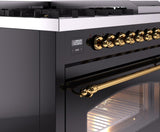 Nostalgie II 48 Inch Dual Fuel Liquid Propane Freestanding Range in Glossy Black with Brass Trim