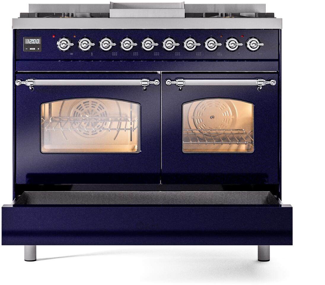 Nostalgie II 40 Inch Dual Fuel Natural Gas Freestanding Range in Blue with Chrome Trim