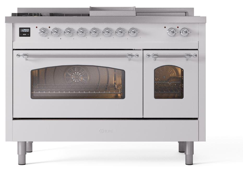 Nostalgie II 48 Inch Dual Fuel Natural Gas Freestanding Range in White with Chrome Trim