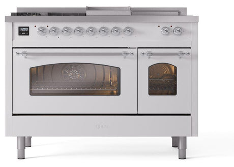 Nostalgie II 48 Inch Dual Fuel Natural Gas Freestanding Range in White with Chrome Trim