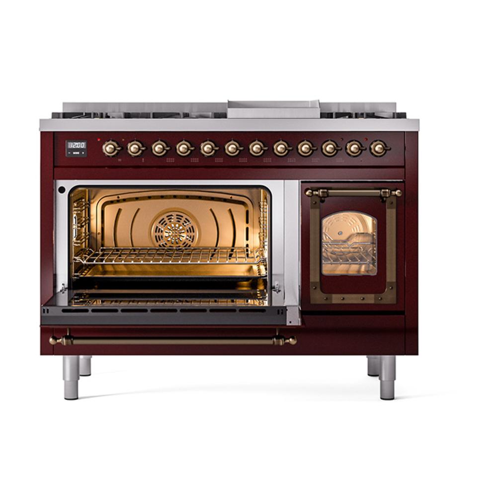 ILVE UN48FNMPBUB Nostalgie II Noblesse 48 inch Dual Fuel Range (8 Sealed Burners + Griddle, Natural Gas, Triple Glass Door, Burgundy, Burnished)