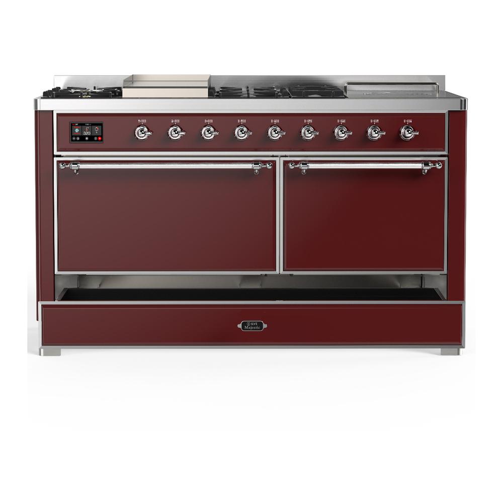 ILVE UM60FSQNR3BUCLP Majestic III 60 inch Dual Fuel Range with 7 Burners, Griddle and French Top, Dual Function Burner with up to 25,000 BTU (Liquid Propane, Solid Door, Burgundy, Chrome)