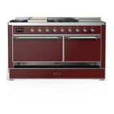 ILVE UM60FSQNR3BUCLP Majestic III 60 inch Dual Fuel Range with 7 Burners, Griddle and French Top, Dual Function Burner with up to 25,000 BTU (Liquid Propane, Solid Door, Burgundy, Chrome)