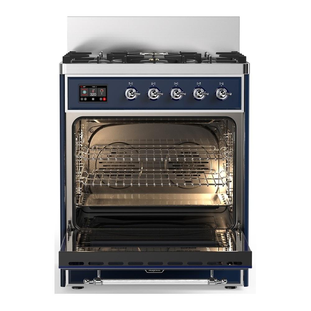 ILVE UM30QNR3MBC Majestic III 30 inch Dual Fuel Range with 5 Black Brass Burners, Dual Function Burner up to 25,000 BTU (Natural Gas, Solid Door, Midnight Blue, Chrome)