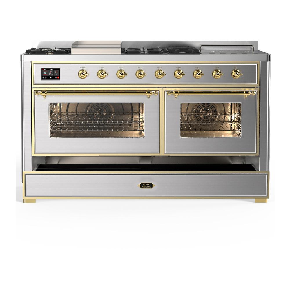 ILVE UM60FSNR3SSGLP Majestic III 60 inch Dual Fuel Range with 7 Burners, Griddle and French Top, Dual Function Burner with up to 25,000 BTU (Liquid Propane, Triple Glass Door, Stainless Steel, Brass)