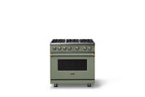 36"W. Sealed Burner Gas Range (Burner: 6b, Finish: Eucalyptus, Trim: Brushed Brass, Fuel: Propane)