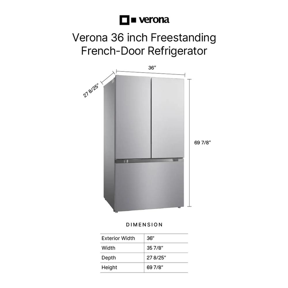 Verona VEFFD3620RISL 36 inch Freestanding French Door Refrigerator with 20.3 cu. ft. Capacity, Automatic Ice Maker, Recessed Handle