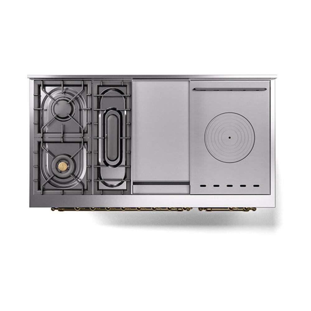 ILVE UN48FSNMPBKGLP Nostalgie II Noblesse 48 inch Dual Fuel Range (5 Sealed Burners + Griddle + French Top, Liquid Propane, Triple Glass Door, Glossy Black, Brass)