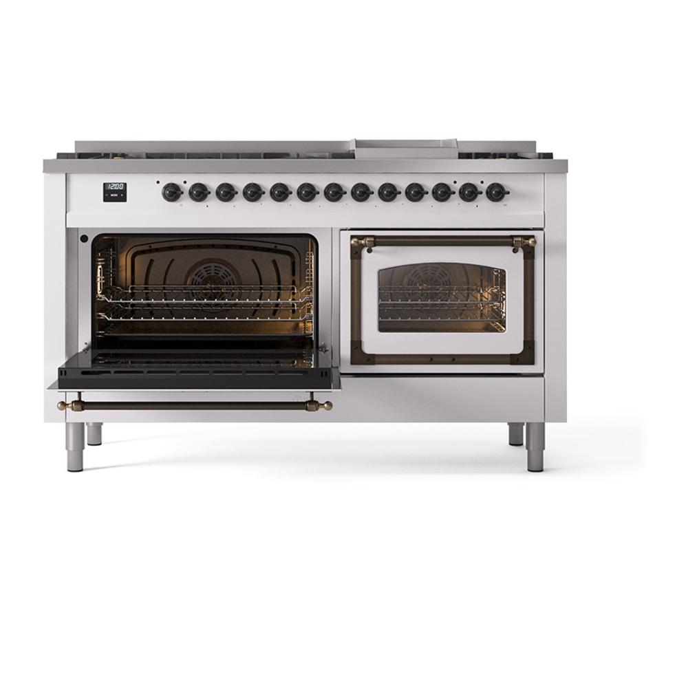 ILVE UN60FNMPWHB Nostalgie II Noblesse 60 inch Dual Fuel Range (9 Sealed Burners + Griddle, Natural Gas, Triple Glass Door, White, Burnished)
