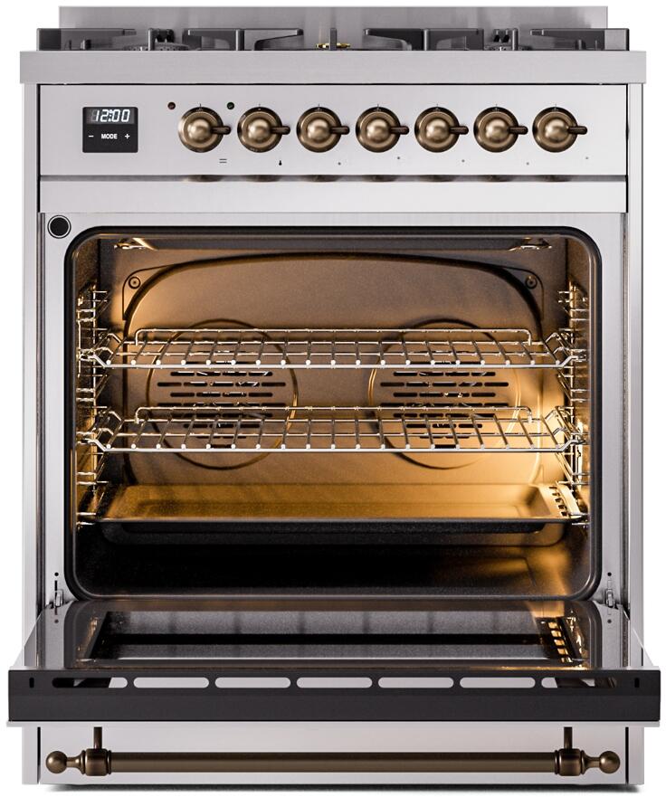 Nostalgie II 30 Inch Dual Fuel Natural Gas Freestanding Range in Stainless Steel with Bronze Trim