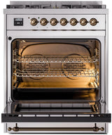 Nostalgie II 30 Inch Dual Fuel Natural Gas Freestanding Range in Stainless Steel with Bronze Trim