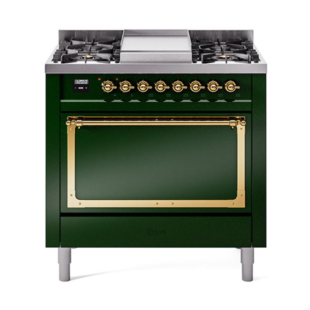 ILVE UN36FQNMPEGGLP Nostalgie II Noblesse 36 inch Dual Fuel Range (Liquid Propane, Solid Door, Emerald Green, Brass)