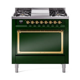 ILVE UN36FQNMPEGGLP Nostalgie II Noblesse 36 inch Dual Fuel Range (Liquid Propane, Solid Door, Emerald Green, Brass)