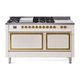 ILVE UN60FSQNMPAWGLP Nostalgie II Noblesse 60 inch Dual Fuel Range (7 Sealed Burners + Griddle + French Top, Liquid Propane, Solid Door, Antique White, Brass)