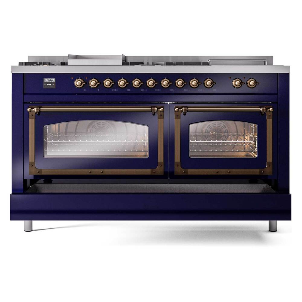 ILVE UN60FSNMPMBB Nostalgie II Noblesse 60 inch Dual Fuel Range (7 Sealed Burners + Griddle + French Top, Natural Gas, Triple Glass Door, Midnight Blue, Burnished)