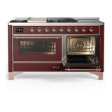 ILVE UM60FSNR3BUP Majestic III 60 inch Dual Fuel Range with 7 Burners, Griddle and French Top, Dual Function Burner with up to 25,000 BTU (Natural Gas, Triple Glass Door, Burgundy, Copper)