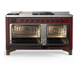 ILVE UM60FSNR3BUBLP Majestic III 60 inch Dual Fuel Range with 7 Burners, Griddle and French Top, Dual Function Burner with up to 25,000 BTU (Liquid Propane, Triple Glass Door, Burgundy, Burnished)