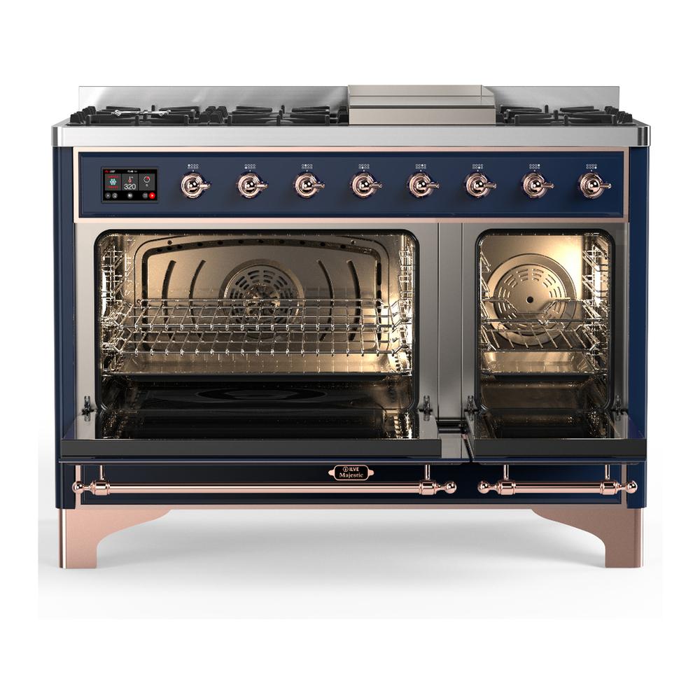 ILVE UM48FQNR3MBPLP Majestic III 48 inch Dual Fuel Range with 8 Burners and Griddle, Dual Function Burner up to 25,000 BTU (Liquid Propane, Solid Door, Midnight Blue, Copper)