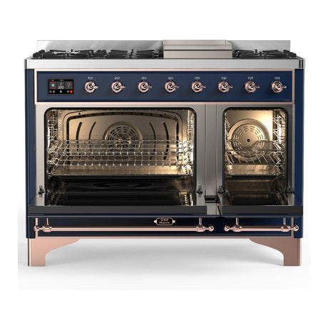 ILVE UM48FQNR3MBPLP Majestic III 48 inch Dual Fuel Range with 8 Burners and Griddle, Dual Function Burner up to 25,000 BTU (Liquid Propane, Solid Door, Midnight Blue, Copper)
