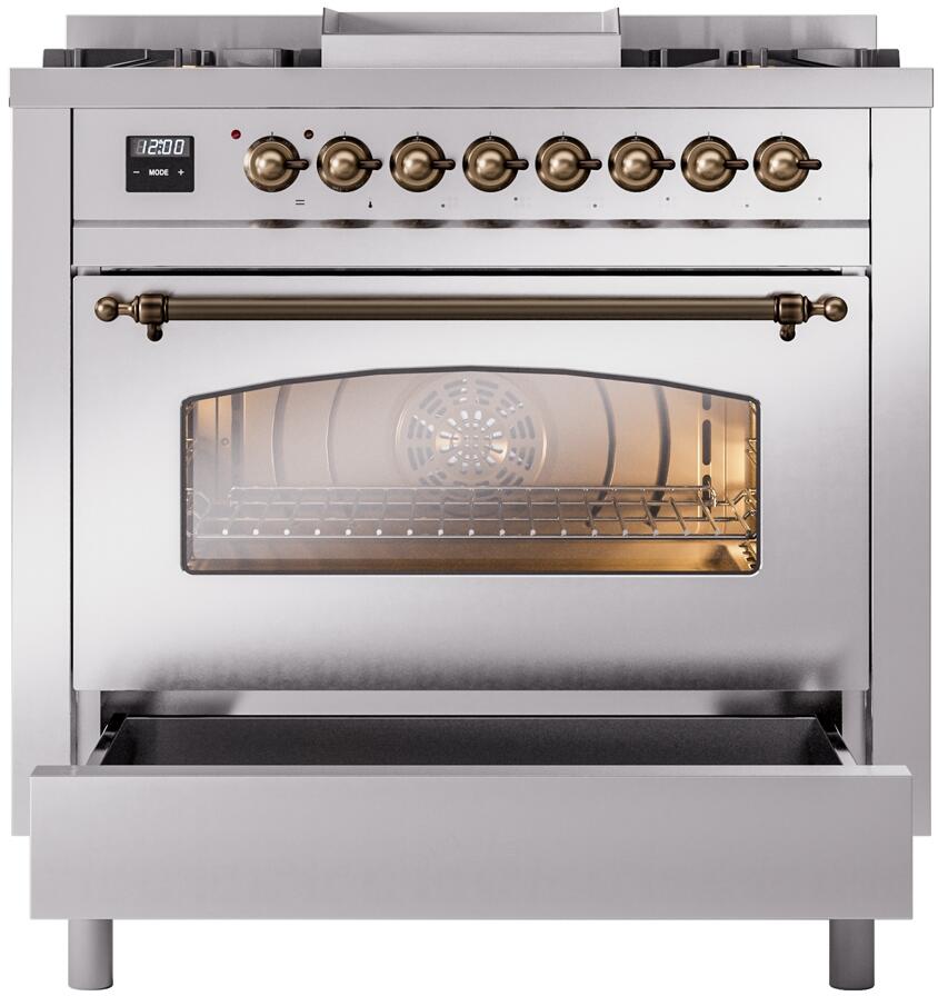 Nostalgie II 36 Inch Dual Fuel Natural Gas Freestanding Range in Stainless Steel with Bronze Trim