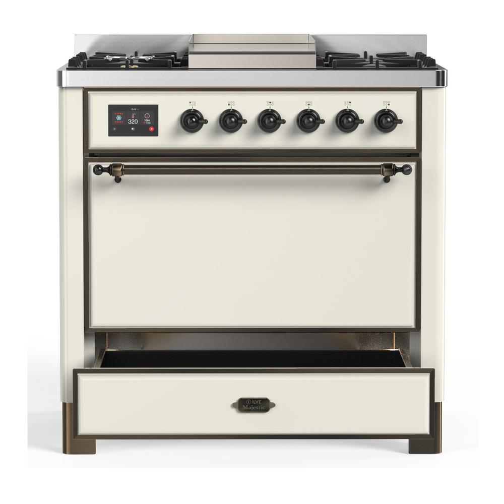 ILVE UM36FQNR3AWB Majestic III 36 inch Dual Fuel Range with 6 Black Brass Burners and Griddle, Dual Function Burner up to 25,000 BTU (Solid Door, Antique White, Burnished, Natural Gas)