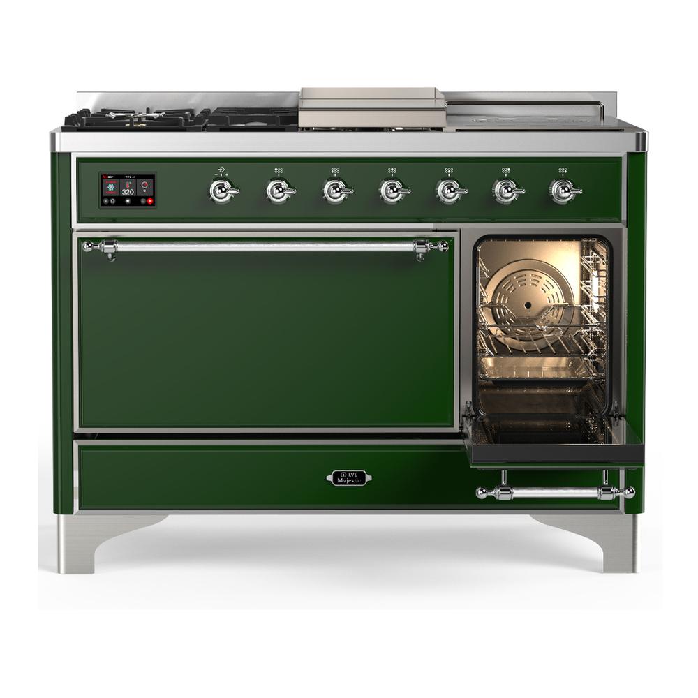 ILVE UM48FSQNR3EGCLP Majestic III 48 inch Dual Fuel Range with 5 Black Brass Burners, Griddle and French Top, Dual Function Burner up to 25,000 BTU (Liquid Propane, Solid Door, Emerald Green, Chrome)
