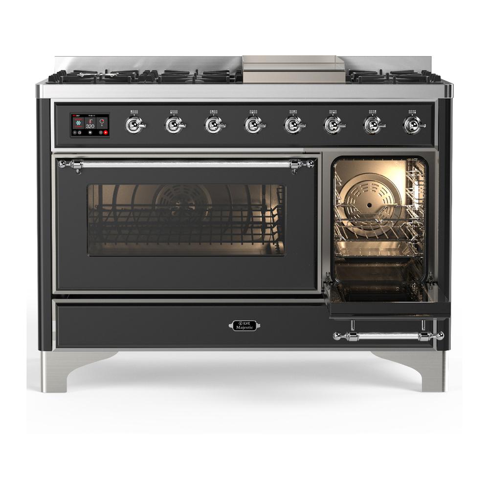 ILVE UM48FNR3MGC Majestic III 48 inch Dual Fuel Range with 8 Burners and Griddle, Dual Function Burner up to 25,000 BTU (Natural Gas, Triple Glass Door, Graphite Matte, Chrome)