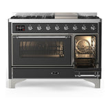 ILVE UM48FNR3MGC Majestic III 48 inch Dual Fuel Range with 8 Burners and Griddle, Dual Function Burner up to 25,000 BTU (Natural Gas, Triple Glass Door, Graphite Matte, Chrome)