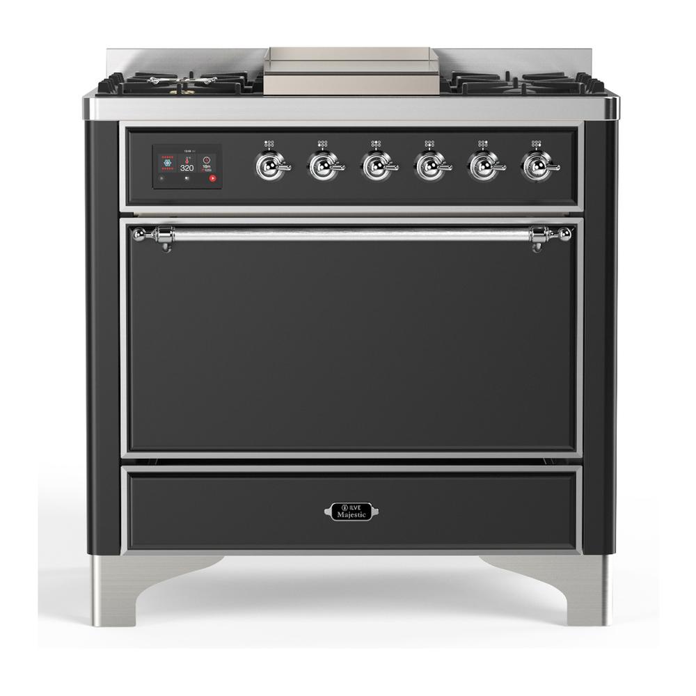 ILVE UM36FQNR3MGC Majestic III 36 inch Dual Fuel Range with 6 Black Brass Burners and Griddle, Dual Function Burner up to 25,000 BTU (Solid Door, Graphite Matte, Chrome, Natural Gas)