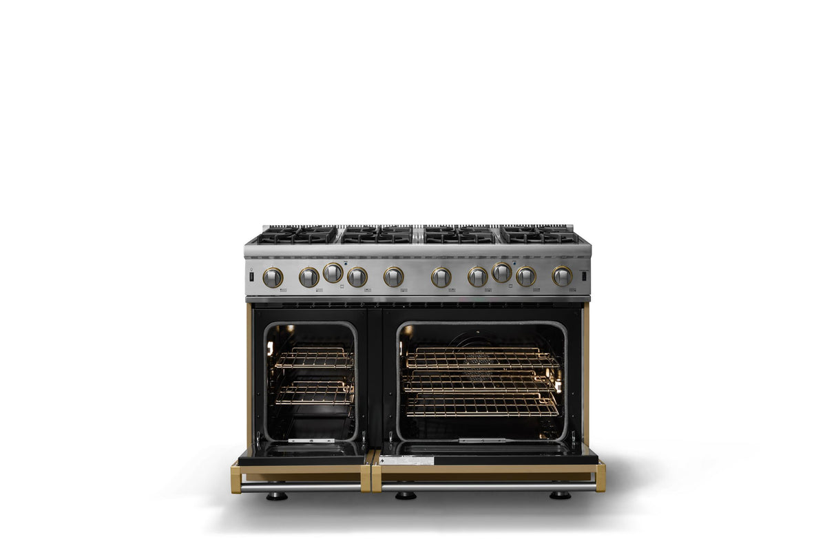 48"W. Open Burner Gas Range (Finish: Golden Hour, Trim: Brushed Brass, Fuel: Propane)