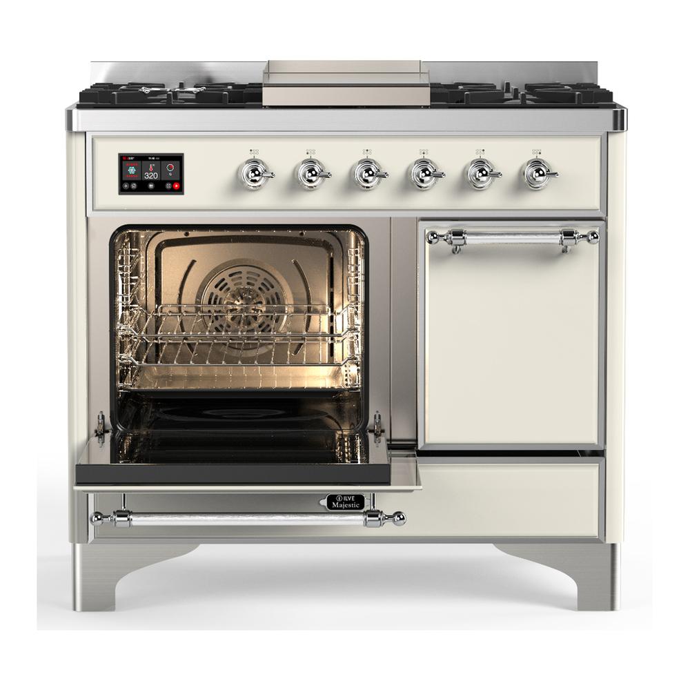 ILVE UMD40FQNR3AWCLP Majestic III 40 inch Dual Fuel Range with 6 Burners and Griddle, Dual Function Burner up to 25,000 BTU (Liquid Propane, Solid Door, Antique White, Chrome)