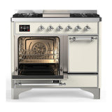 ILVE UMD40FQNR3AWCLP Majestic III 40 inch Dual Fuel Range with 6 Burners and Griddle, Dual Function Burner up to 25,000 BTU (Liquid Propane, Solid Door, Antique White, Chrome)