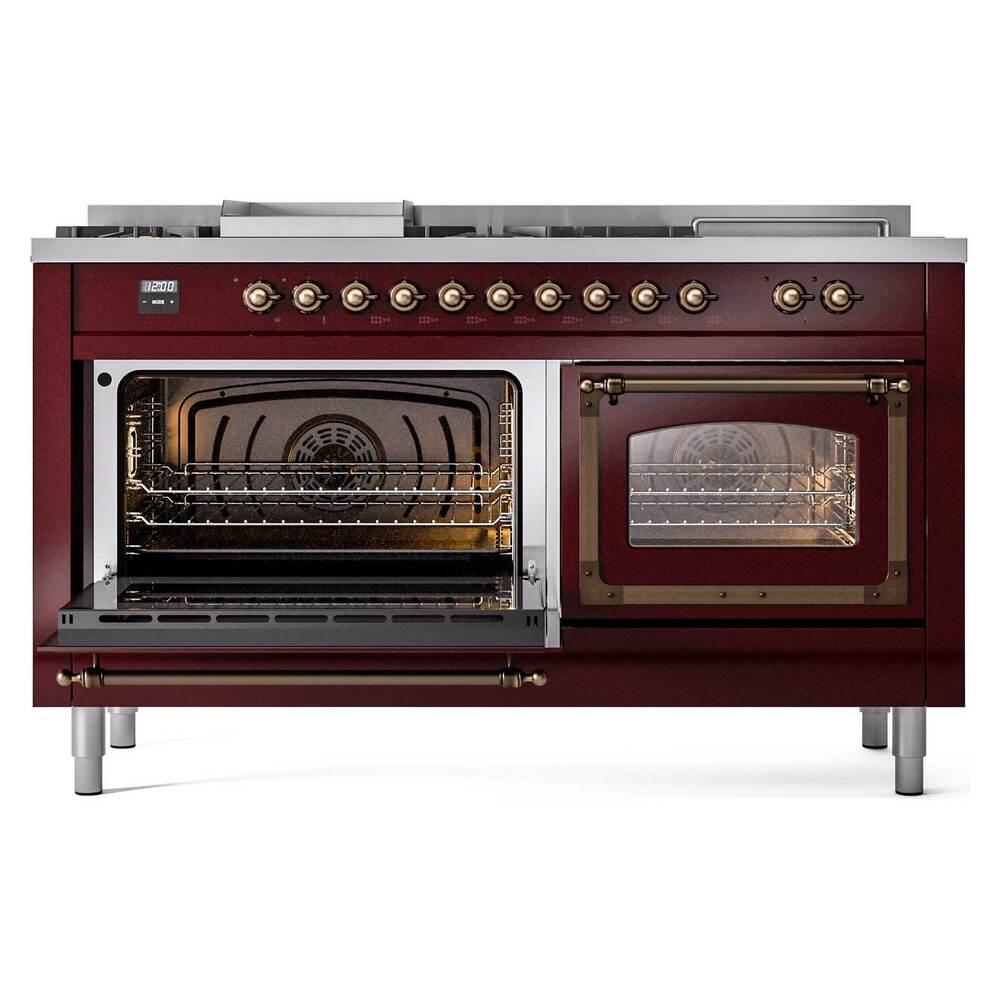 ILVE UN60FSNMPBUBLP Nostalgie II Noblesse 60 inch Dual Fuel Range (7 Sealed Burners + Griddle + French Top, Liquid Propane, Triple Glass Door, Burgundy, Burnished)