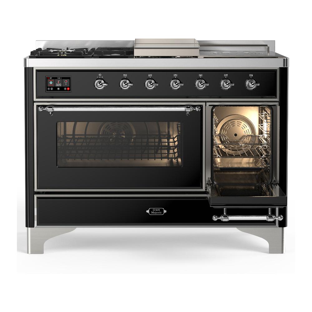 ILVE UM48FSNR3BKC Majestic III 48 inch Dual Fuel Range with 5 Black Brass Burners, Griddle and French Top, Dual Function Burner up to 25,000 BTU (Natural Gas, Triple Glass Door, Glossy Black, Chrome)