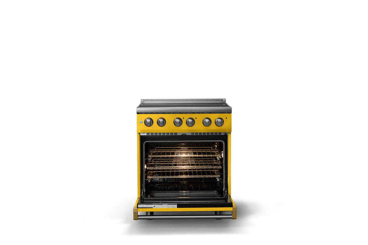 30"W. Electric Range (Finish: Daffodil, Trim: Brushed Brass)