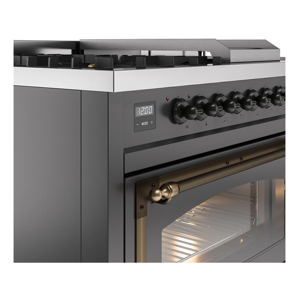 ILVE UN48FSNMPMGBLP Nostalgie II Noblesse 48 inch Dual Fuel Range (5 Sealed Burners + Griddle + French Top, Liquid Propane, Triple Glass Door, Graphite Matte, Burnished)